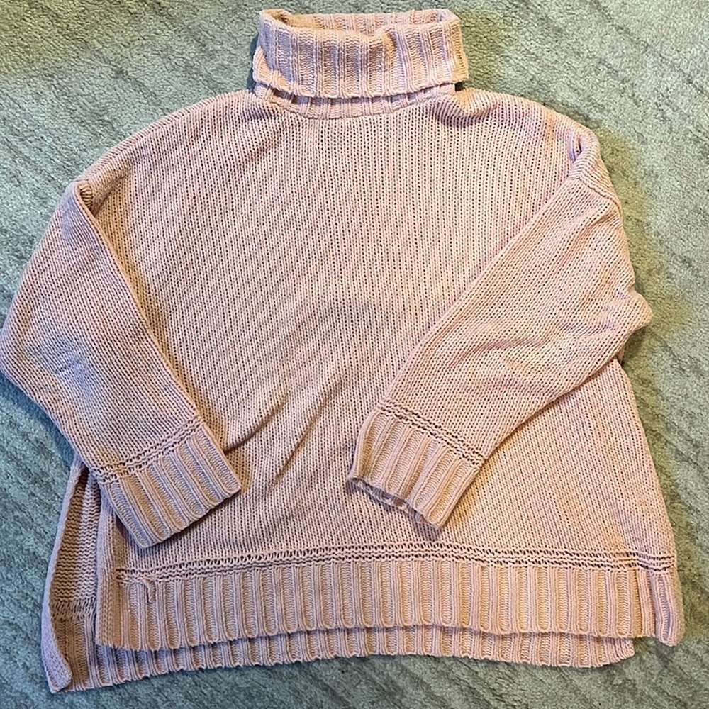 Aerie Pink Chenille Turtleneck Sweater Side Slit Relaxed Boxy